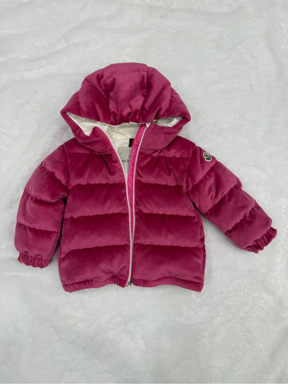 Moncler Kids Hooded Puffer Jacket in Raspberry Pink Baby 18-24 months